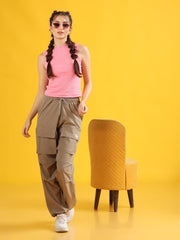 Women Beige Baggy-Fit Utility Joggers with 4-Pocket Design