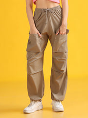 Women Beige Baggy-Fit Utility Joggers with 4-Pocket Design