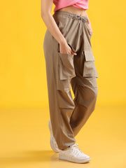 Women Beige Baggy-Fit Utility Joggers with 4-Pocket Design