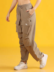 Women Beige Baggy-Fit Utility Joggers with 4-Pocket Design