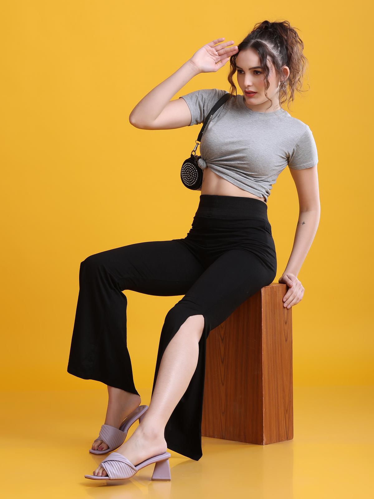Women Black Cotton Side Slit Pants with Flared Bottom for Dance, Yoga, Casual Wear