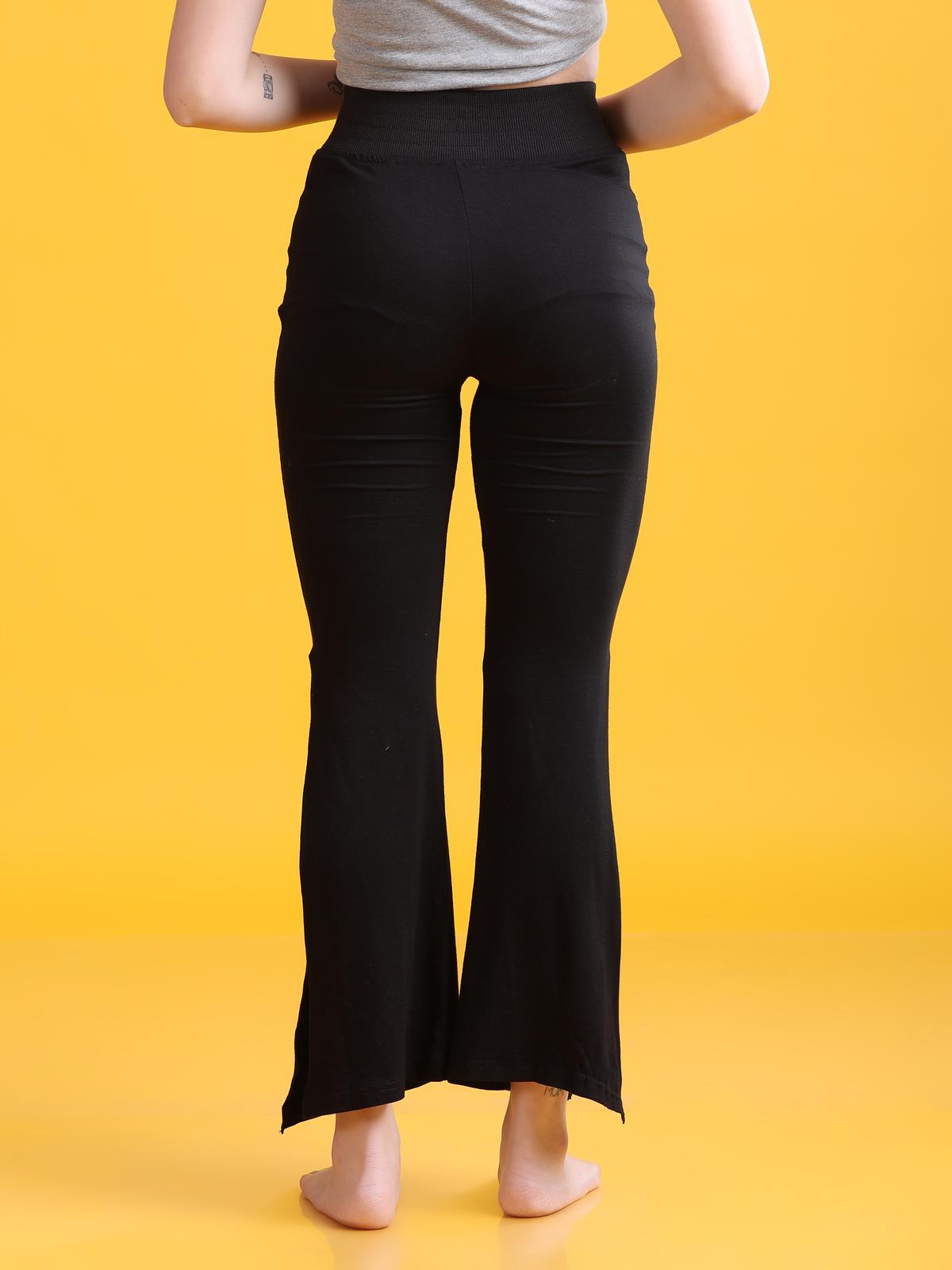 Women Black Cotton Side Slit Pants with Flared Bottom for Dance