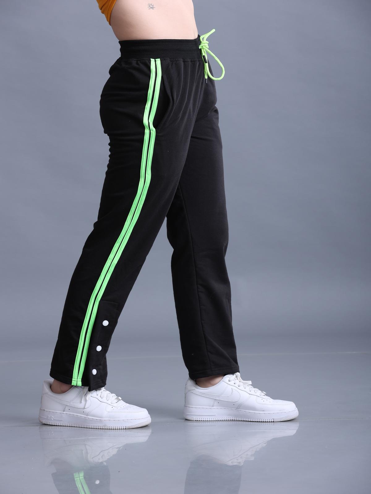 Women Black Contrast Side Tape Snap Button Flared Trackpants - Carter