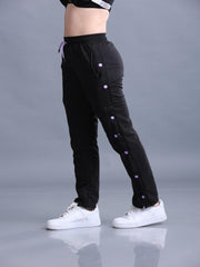 Women Black Side Snap Button Contrast Color Flared Trackpants - Lucas