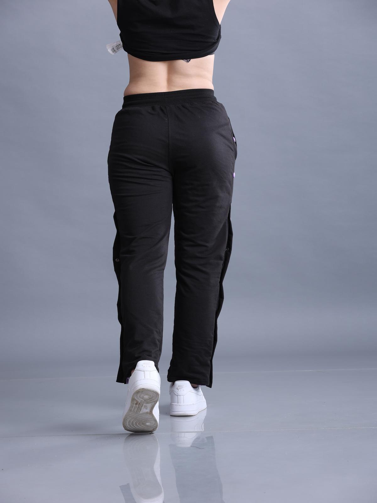 Women Black Side Snap Button Contrast Color Flared Trackpants - Lucas