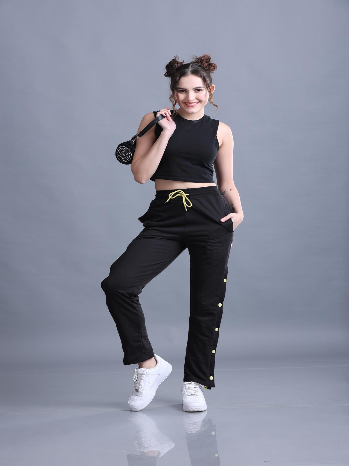 Women Black Side Snap Button Contrast Color Flared Trackpants - Louis
