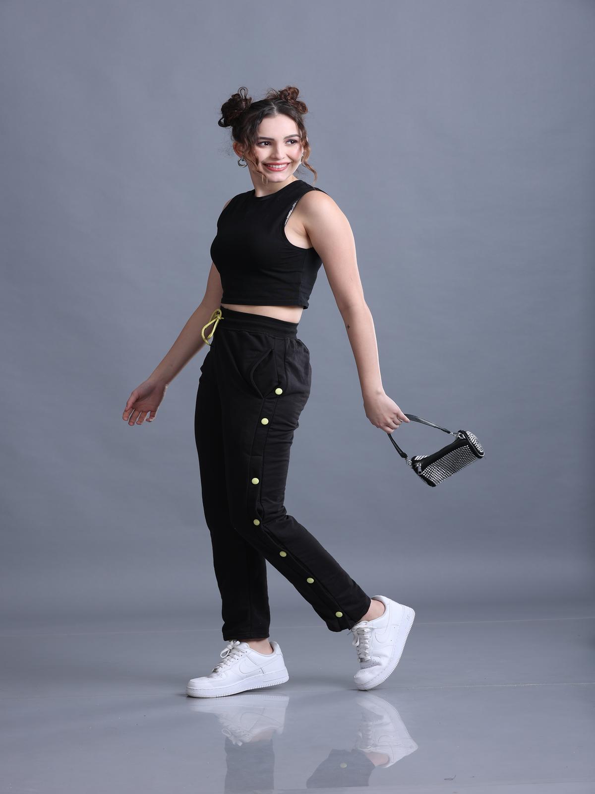 Women Black Side Snap Button Contrast Color Flared Trackpants - Louis