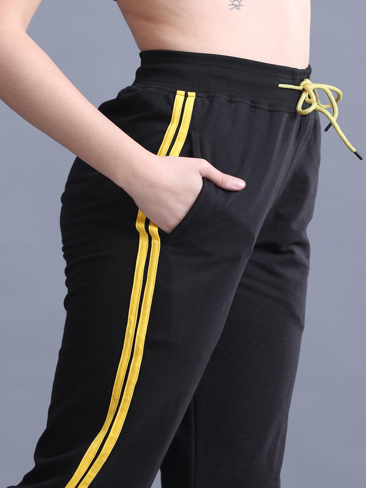 Women Black Contrast Side Tape Snap Button Flared Trackpants - Archie