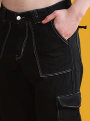 Men 6 Pockets Contrast Stitch Wide Leg Jean Pants - Black