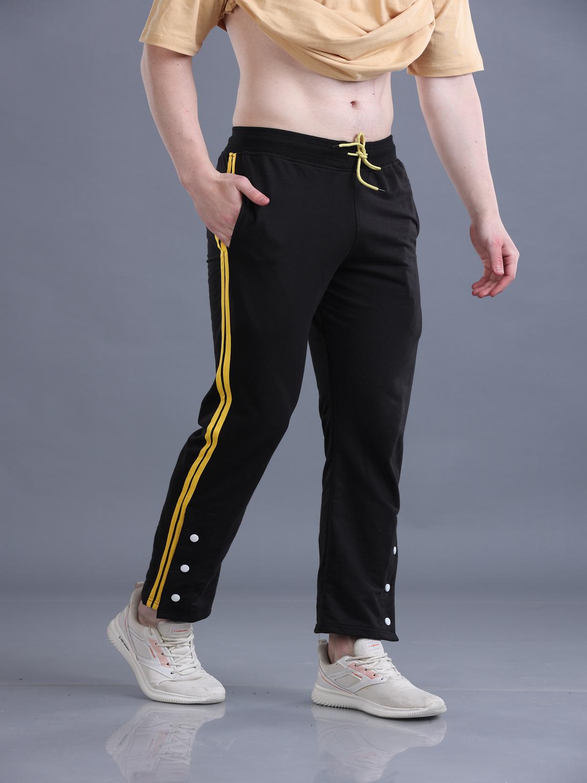 Men Black Contrast Side Tape Snap Button Flared Trackpants - Archie