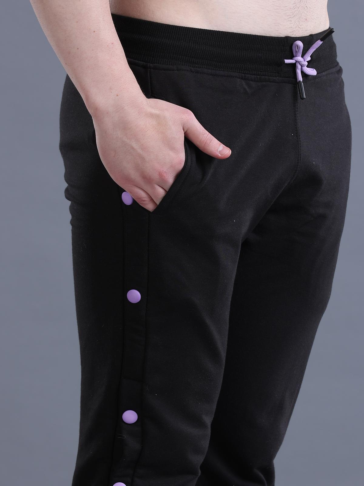 Men Black Side Snap Button Contrast Color Flared Trackpants - Lucas