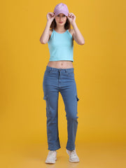 Women Regular Straight Fit High Rise Everyday Light Blue Denim Trousers