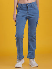 Women Regular Straight Fit High Rise Everyday Light Blue Denim Trousers