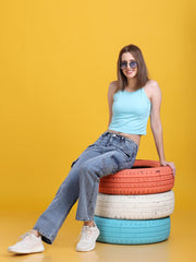 Women Straight-Fit Multi Pockets Distressed Style Light Blue Denim Jeans