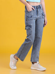 Women Straight-Fit Multi Pockets Distressed Style Light Blue Denim Jeans