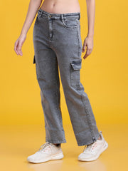 Women Regular Fit Stylish Washed Look Grey Denim Trousers