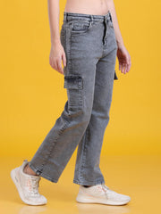 Women Regular Fit Stylish Washed Look Grey Denim Trousers