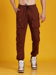 Men Gathered Look Flap Button Pocket Brown Joggers