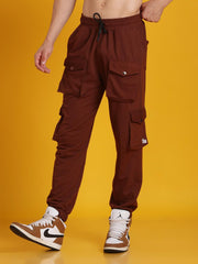 Men Gathered Look Flap Button Pocket Brown Joggers