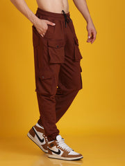 Men Gathered Look Flap Button Pocket Brown Joggers