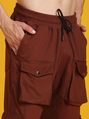 Men Gathered Look Flap Button Pocket Brown Joggers