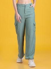 Women Straight-Leg Corduroy Pista Green Cargo Trousers