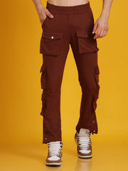 Men Button Style Pocket Brown Trousers