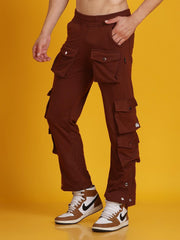 Men Button Style Pocket Brown Trousers