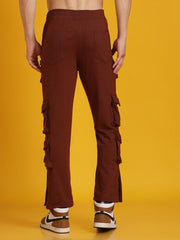 Men Button Style Pocket Brown Trousers