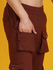 Men Button Style Pocket Brown Trousers