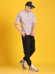 Men Gathered Look Flap Button Pocket Black Joggers