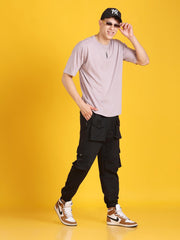 Men Gathered Look Flap Button Pocket Black Joggers