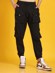 Men Gathered Look Flap Button Pocket Black Joggers