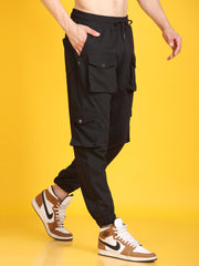 Men Gathered Look Flap Button Pocket Black Joggers