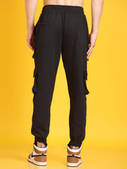 Men Gathered Look Flap Button Pocket Black Joggers