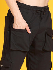 Men Gathered Look Flap Button Pocket Black Joggers