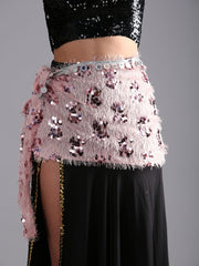 Women Belly Dance Faux Fur Sequin Rectangular Hip Scarf Belt - Light Pink