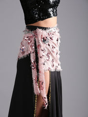 Women Belly Dance Faux Fur Sequin Rectangular Hip Scarf Belt - Light Pink