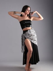 Women Belly Dance Faux Fur Sequin Triangular Hip Scarf Belt - Grey