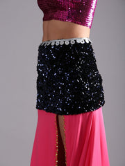 Women Luxury Glitter Sequin Velvet Belly Dance Rectangular Hip Scarf Belt - Midnight Blue