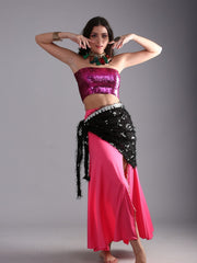 Women Belly Dance Faux Fur Sequin Triangular Hip Scarf Belt - Black