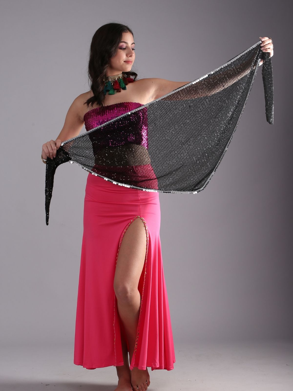 Women Shiny Sequin Embroidered Triangular Belly Dance Hip Scarf Belt - Black