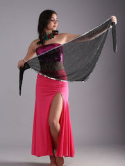Women Shiny Sequin Embroidered Triangular Belly Dance Hip Scarf Belt - Black