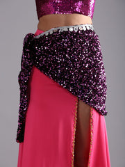 Women Luxury Glitter Sequin Velvet Belly Dance Triangular Hip Scarf Belt - Purple Pink