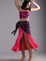 Women Luxury Glitter Sequin Velvet Belly Dance Triangular Hip Scarf Belt - Purple Pink