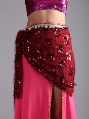 Women Belly Dance Faux Fur Sequin Triangular Hip Scarf Belt - Rich Maroon