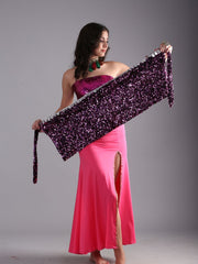 Women Luxury Glitter Sequin Velvet Belly Dance Rectangular Hip Scarf Belt - Purple Pink