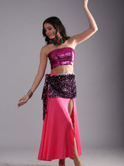 Women Luxury Glitter Sequin Velvet Belly Dance Rectangular Hip Scarf Belt - Purple Pink
