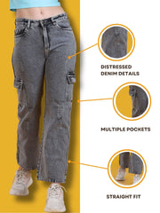 Women Denim Boyfriend-Fit Distressed Grey Jeans
