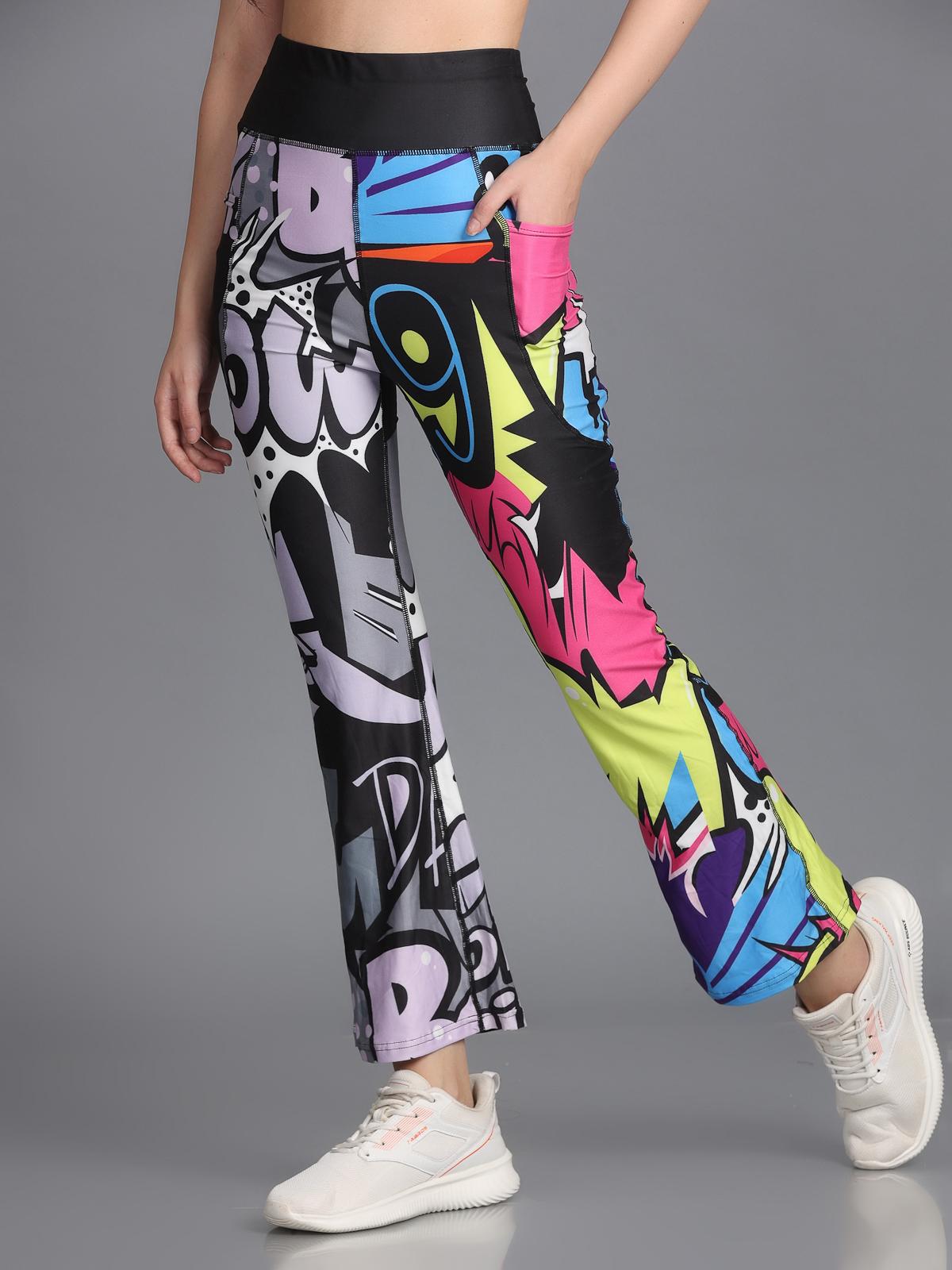 Women Stylish Printed Flared High Waist Yoga Pants with Side Pockets - XS  (24-26 inches)